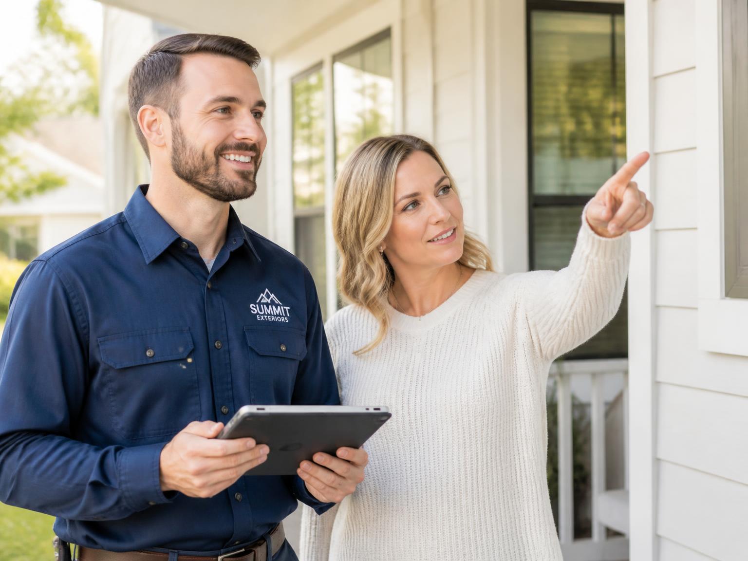 A contractor and homeowner reviewing a project on the front porch